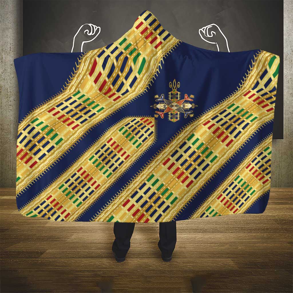 Habesha Kemis Inspired Tilet Pattern Hooded Blanket Royal Blue - Gold