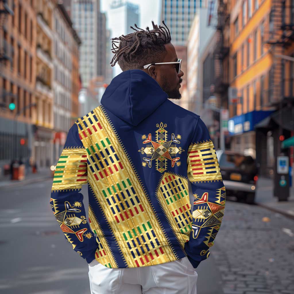 Habesha Kemis Inspired Tilet Pattern Hoodie Royal Blue - Gold