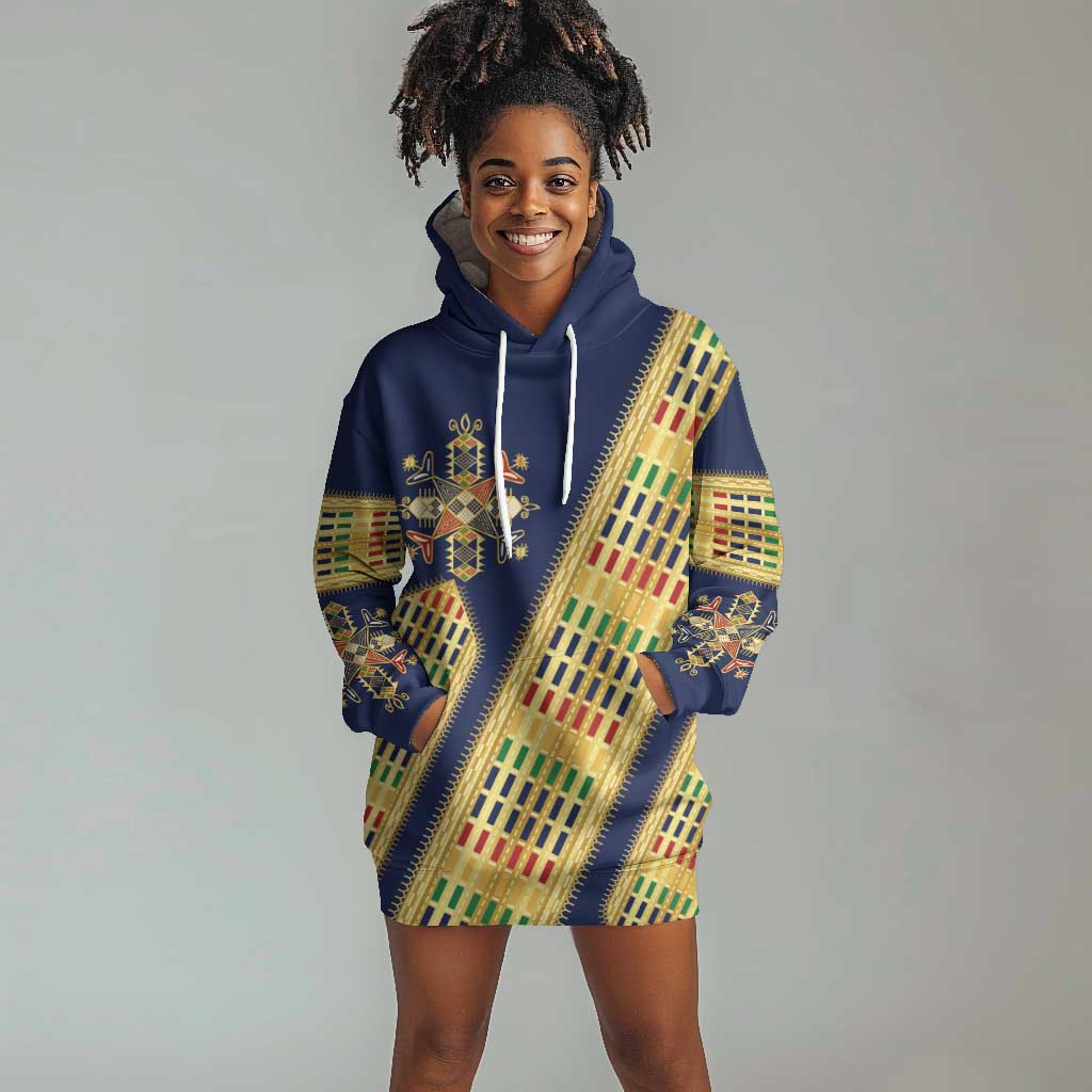Habesha Kemis Inspired Tilet Pattern Hoodie Dress Royal Blue - Gold