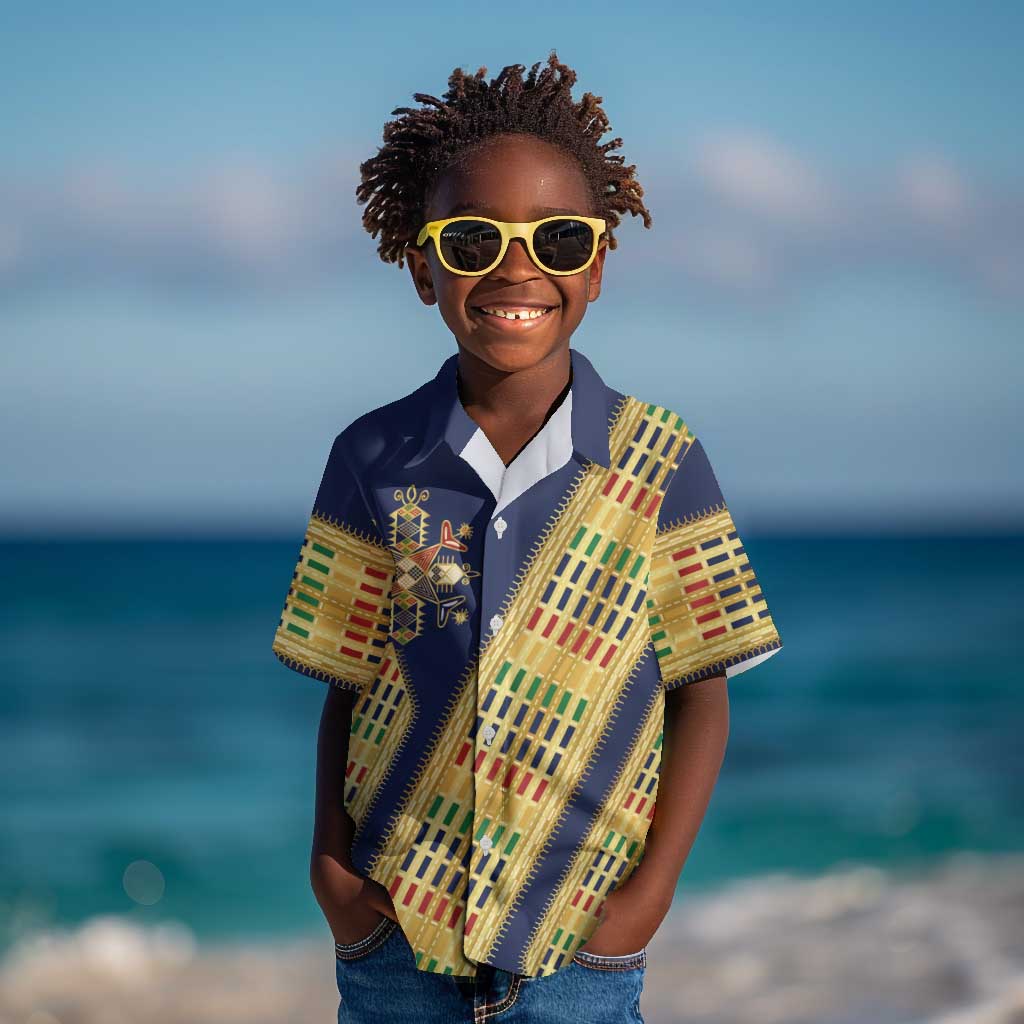 Habesha Kemis Inspired Tilet Pattern Kid Hawaiian Shirt Royal Blue - Gold