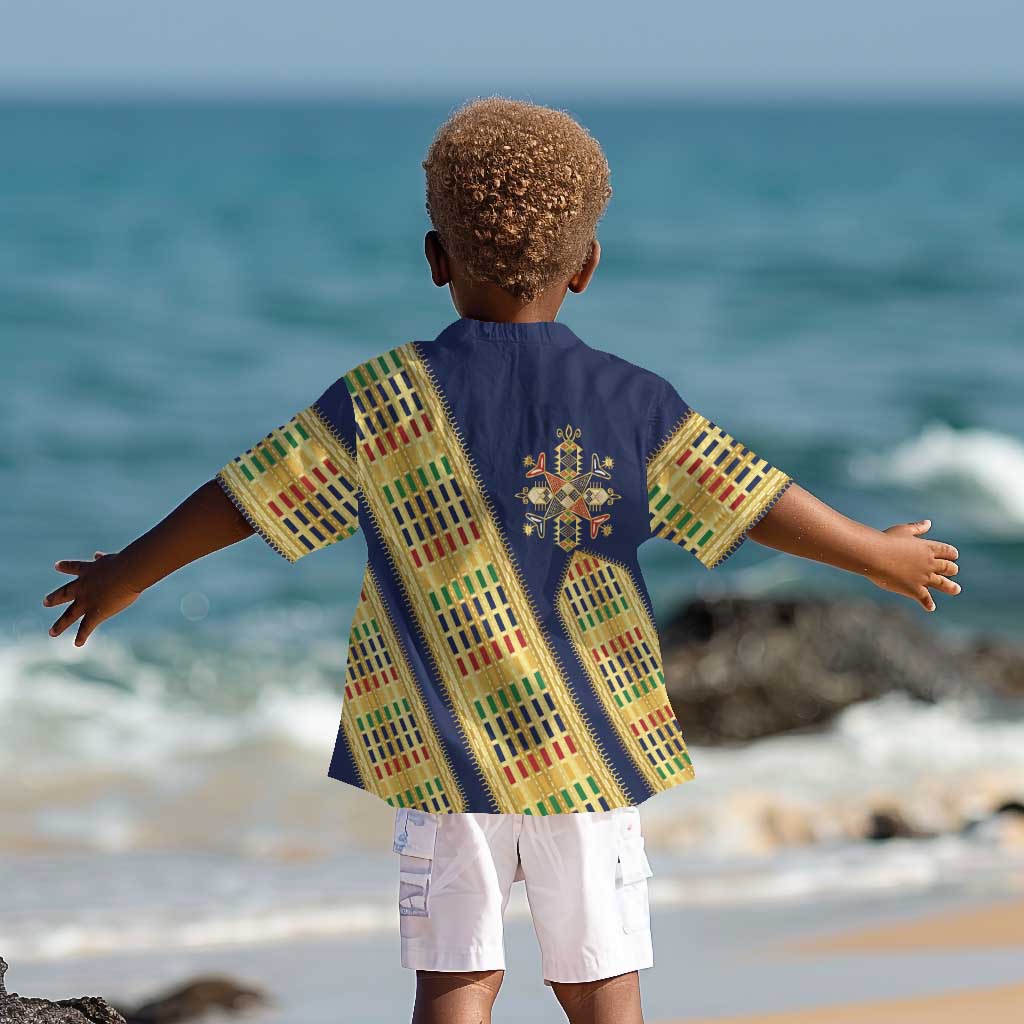 Habesha Kemis Inspired Tilet Pattern Kid Hawaiian Shirt Royal Blue - Gold