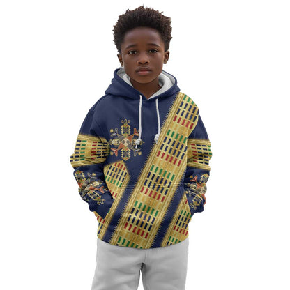 Habesha Kemis Inspired Tilet Pattern Kid Hoodie Royal Blue - Gold