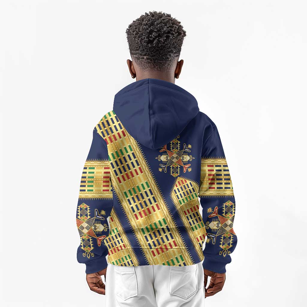 Habesha Kemis Inspired Tilet Pattern Kid Hoodie Royal Blue - Gold