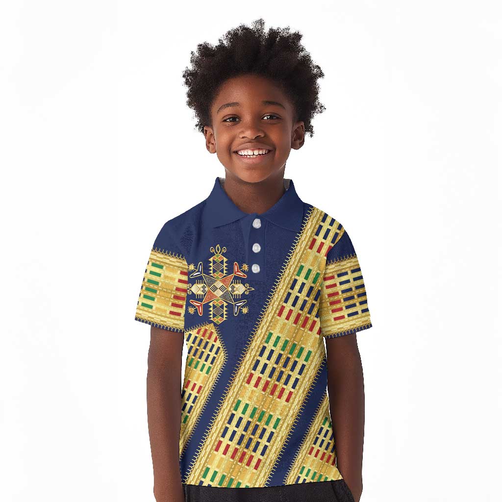 Habesha Kemis Inspired Tilet Pattern Kid Polo Shirt Royal Blue - Gold