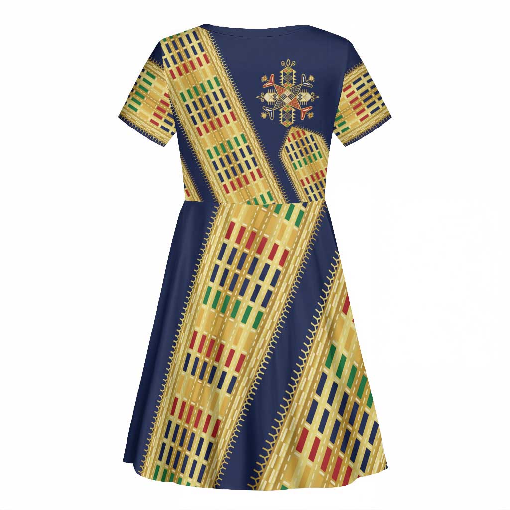 Habesha Kemis Inspired Tilet Pattern Kid Short Sleeve Dress Royal Blue - Gold