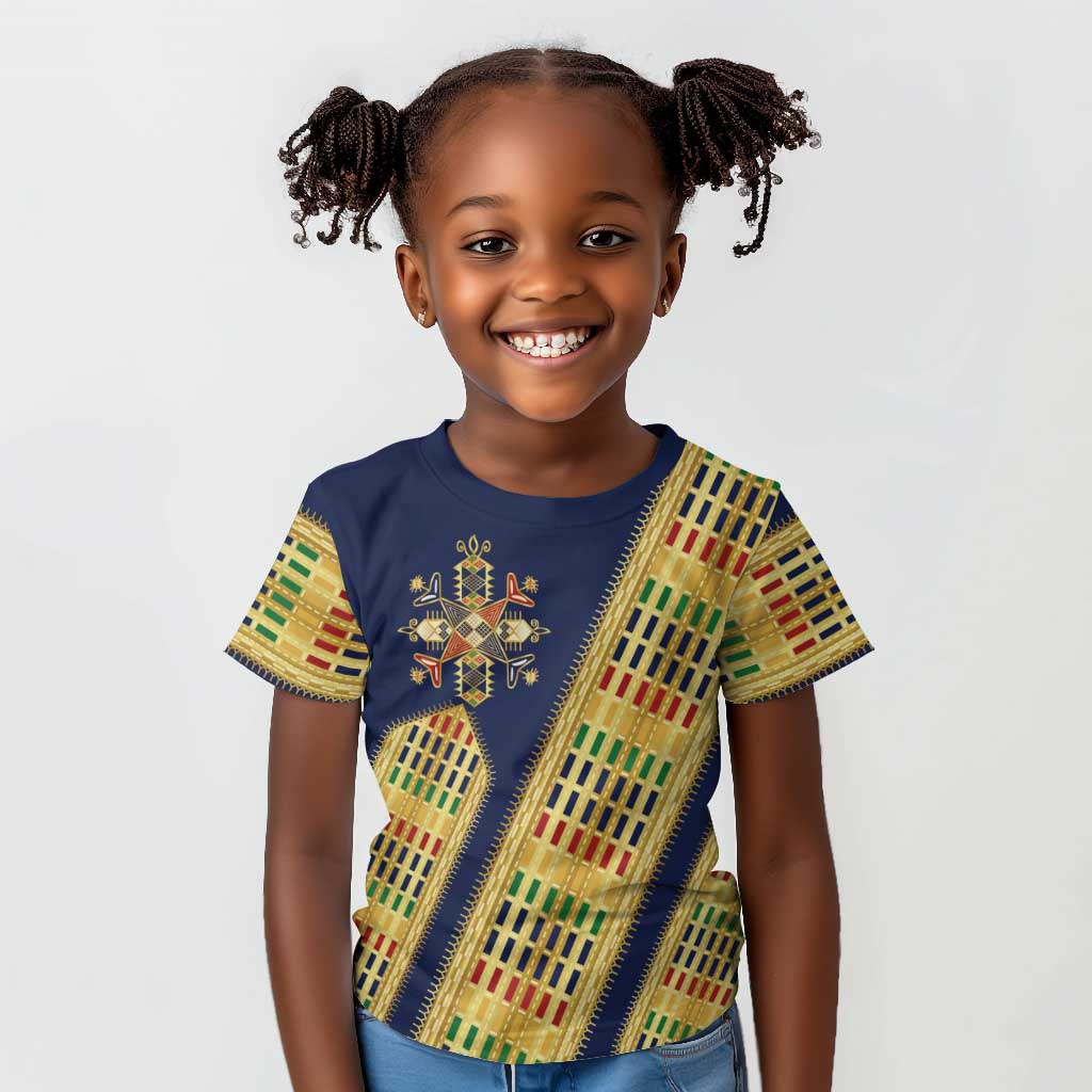 Habesha Kemis Inspired Tilet Pattern Kid T shirt Royal Blue - Gold