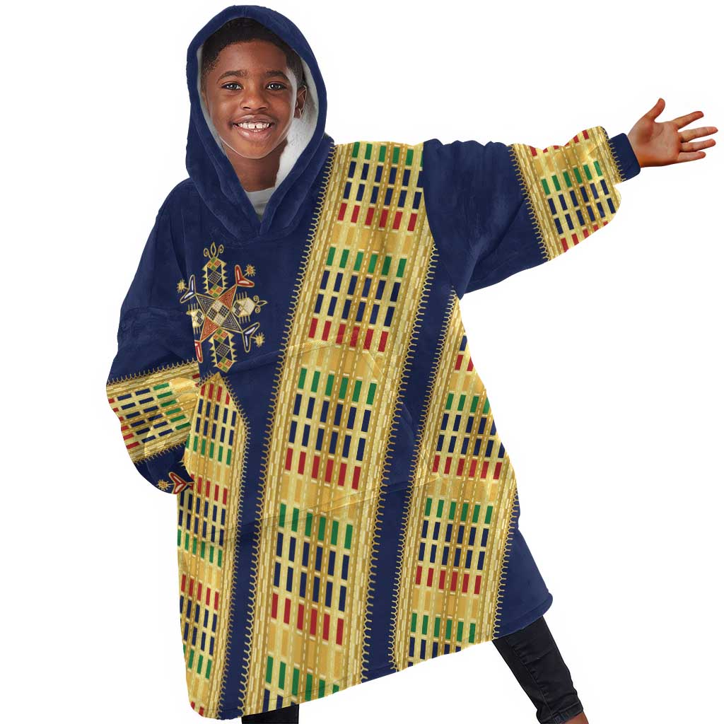 Habesha Kemis Inspired Tilet Pattern Kid Wearable Blanket Hoodie Royal Blue - Gold