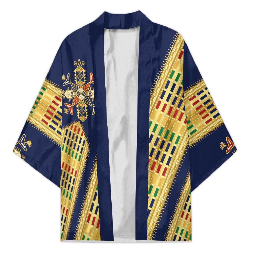 Habesha Kemis Inspired Tilet Pattern Kimono Royal Blue - Gold