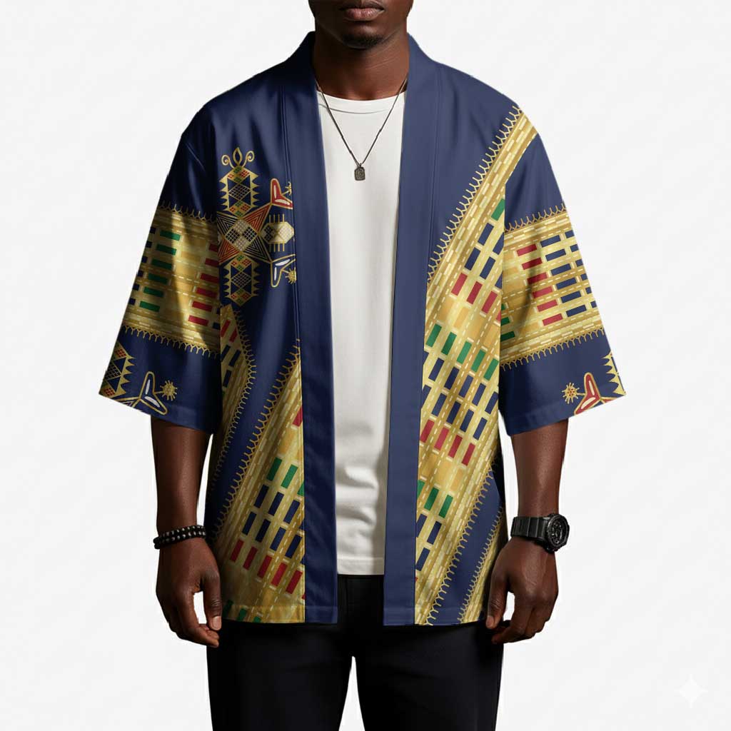 Habesha Kemis Inspired Tilet Pattern Kimono Royal Blue - Gold