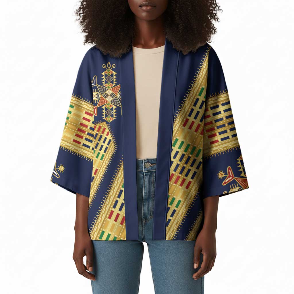 Habesha Kemis Inspired Tilet Pattern Kimono Royal Blue - Gold