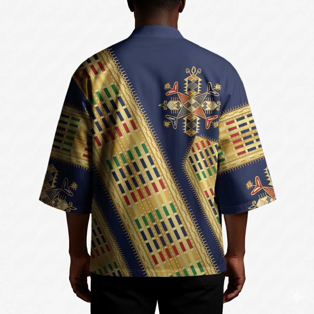 Habesha Kemis Inspired Tilet Pattern Kimono Royal Blue - Gold