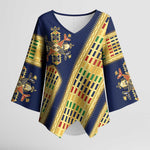 Habesha Kemis Inspired Tilet Pattern Kimono Sleeve Blouse Royal Blue - Gold