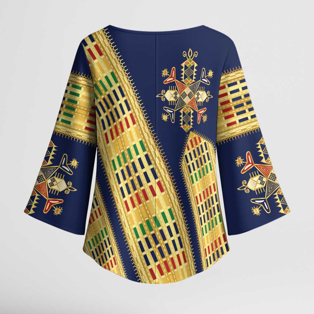 Habesha Kemis Inspired Tilet Pattern Kimono Sleeve Blouse Royal Blue - Gold