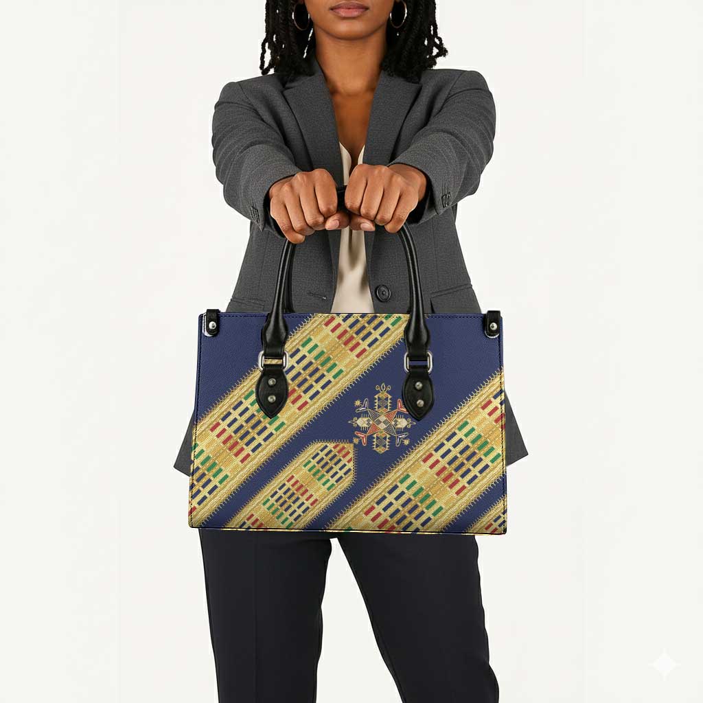 Habesha Kemis Inspired Tilet Pattern Leather Bag Royal Blue - Gold