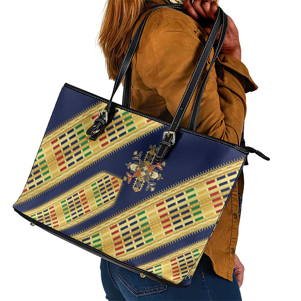 Habesha Kemis Inspired Tilet Pattern Leather Tote Bag Royal Blue - Gold