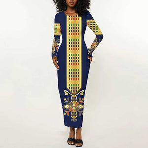 Habesha Kemis Inspired Tilet Pattern Long Sleeve Bodycon Dress Royal Blue - Gold