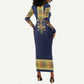 Habesha Kemis Inspired Tilet Pattern Long Sleeve Bodycon Dress Royal Blue - Gold