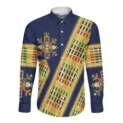 Habesha Kemis Inspired Tilet Pattern Long Sleeve Button Shirt Royal Blue - Gold