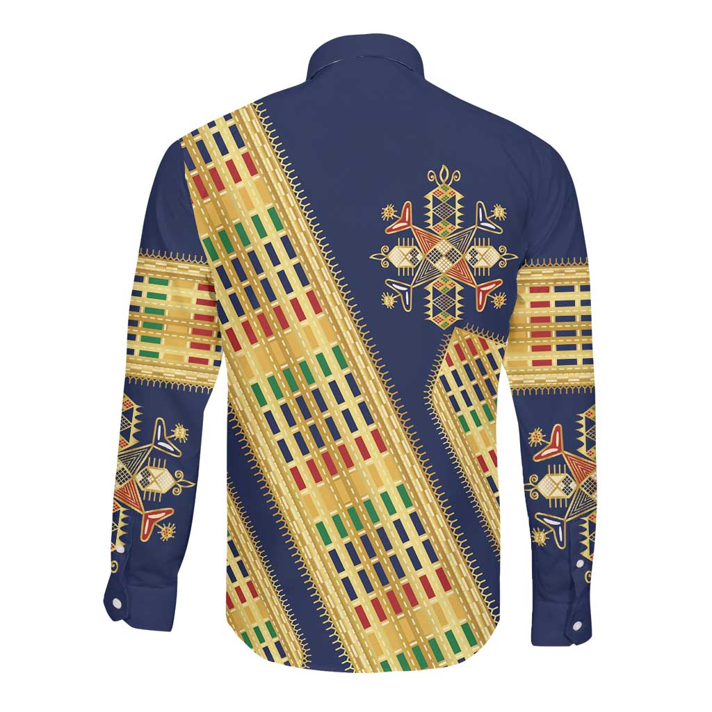 Habesha Kemis Inspired Tilet Pattern Long Sleeve Button Shirt Royal Blue - Gold