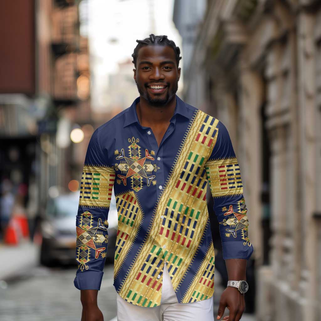 Habesha Kemis Inspired Tilet Pattern Long Sleeve Button Shirt Royal Blue - Gold