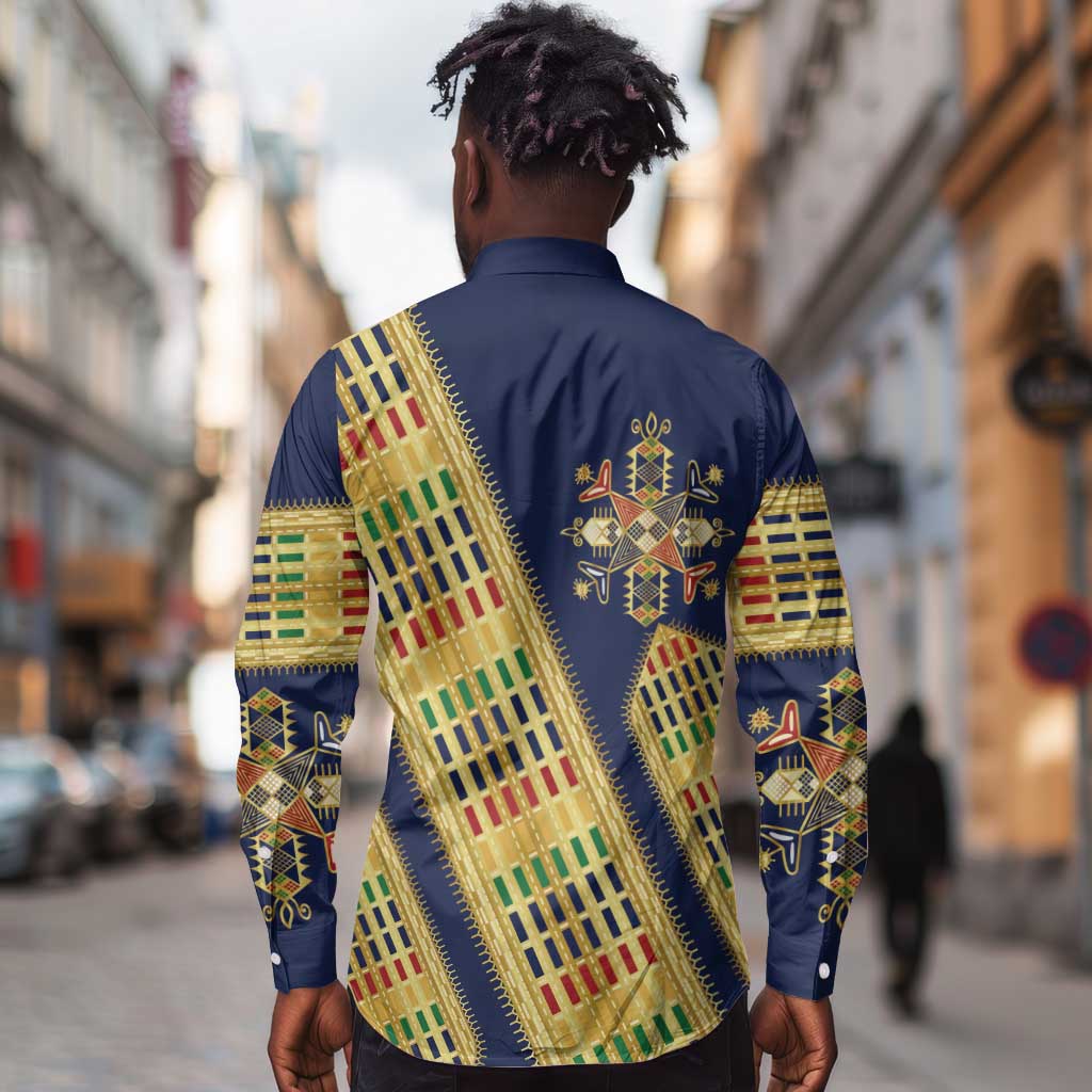 Habesha Kemis Inspired Tilet Pattern Long Sleeve Button Shirt Royal Blue - Gold