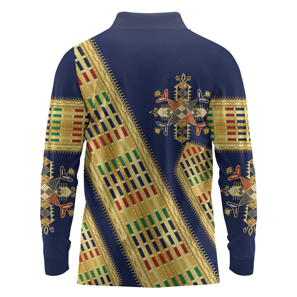 Habesha Kemis Inspired Tilet Pattern Long Sleeve Polo Shirt Royal Blue - Gold