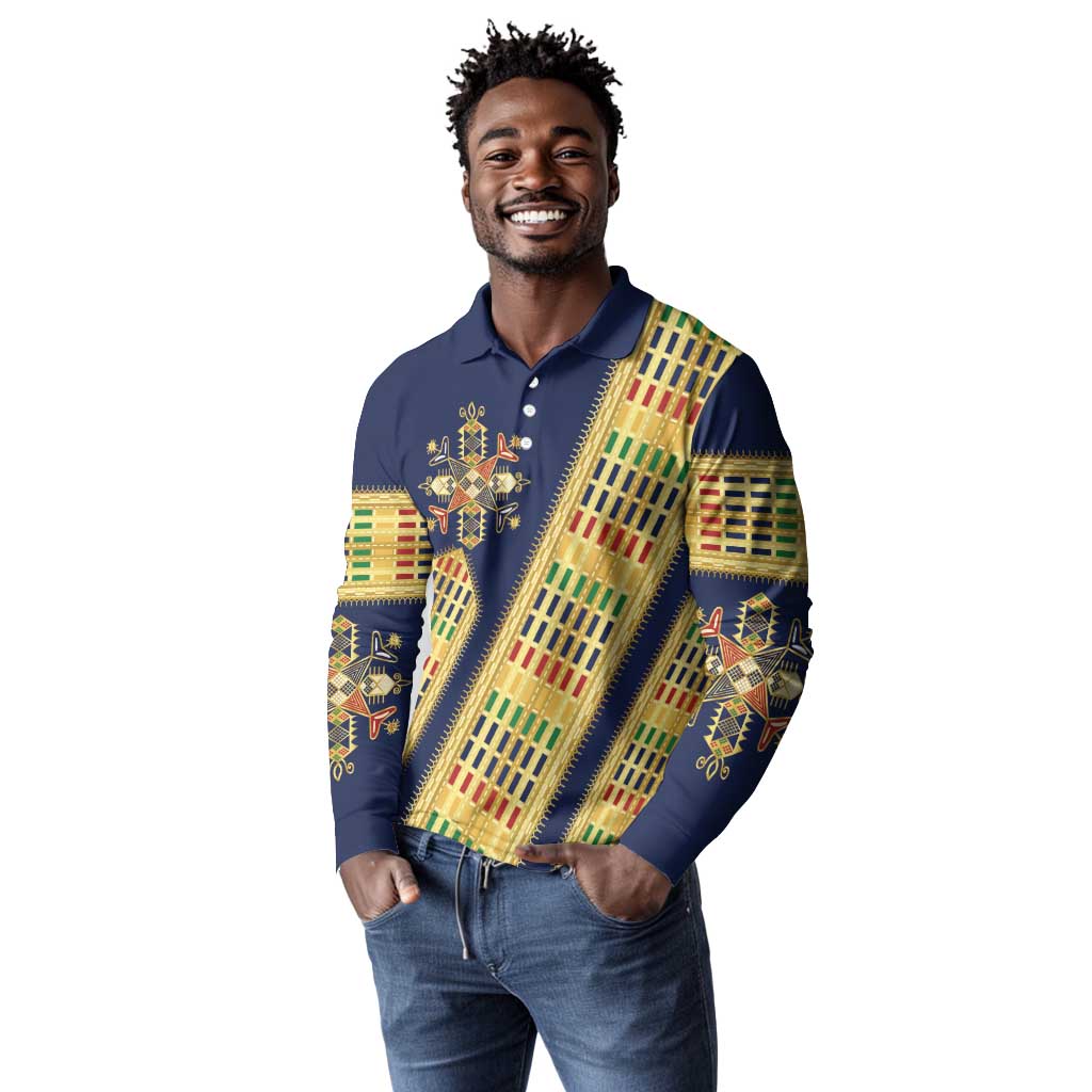 Habesha Kemis Inspired Tilet Pattern Long Sleeve Polo Shirt Royal Blue - Gold