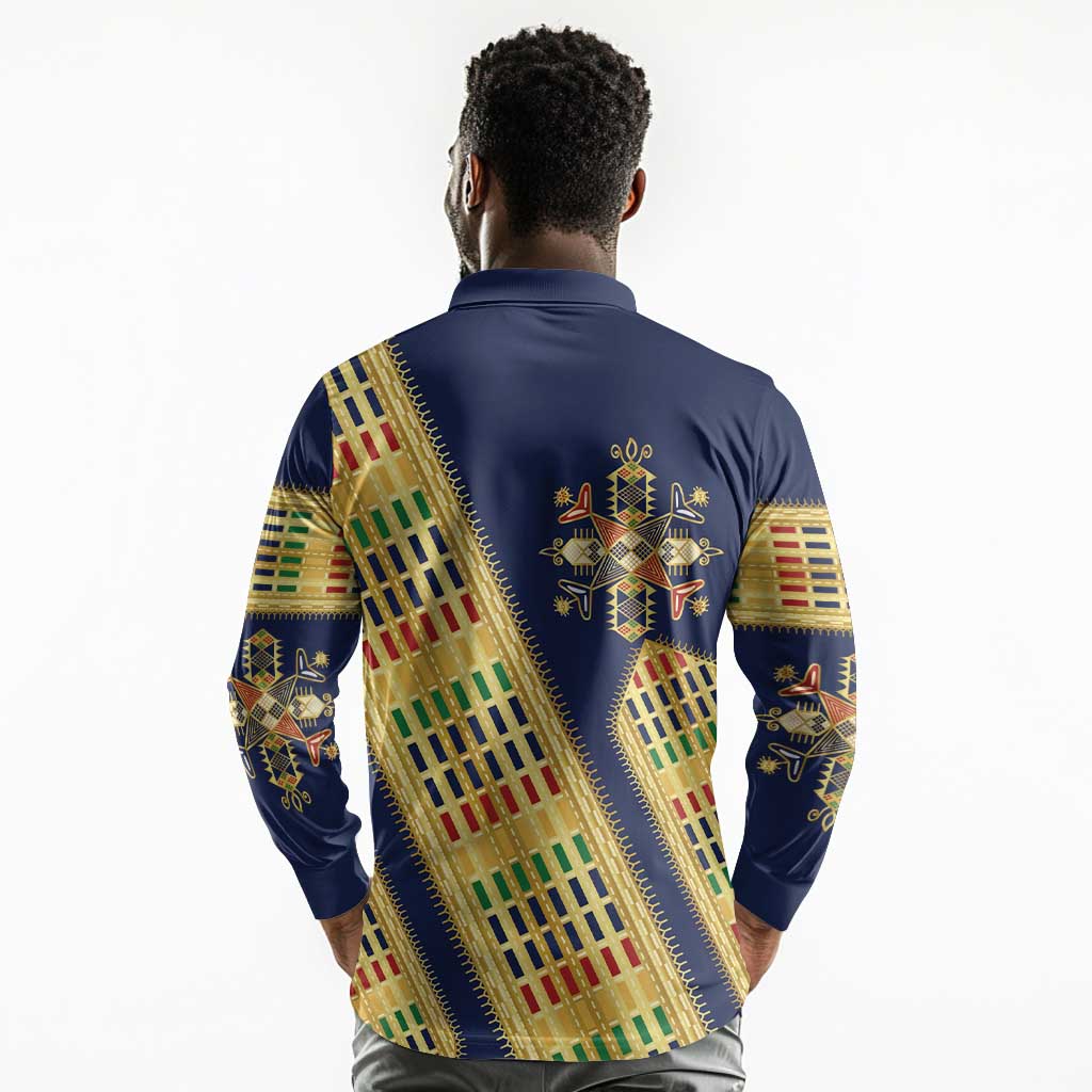 Habesha Kemis Inspired Tilet Pattern Long Sleeve Polo Shirt Royal Blue - Gold