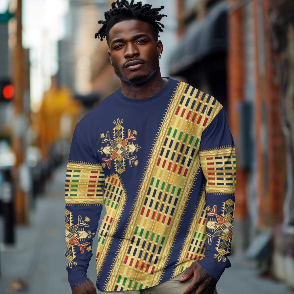 Habesha Kemis Inspired Tilet Pattern Long Sleeve Shirt Royal Blue - Gold