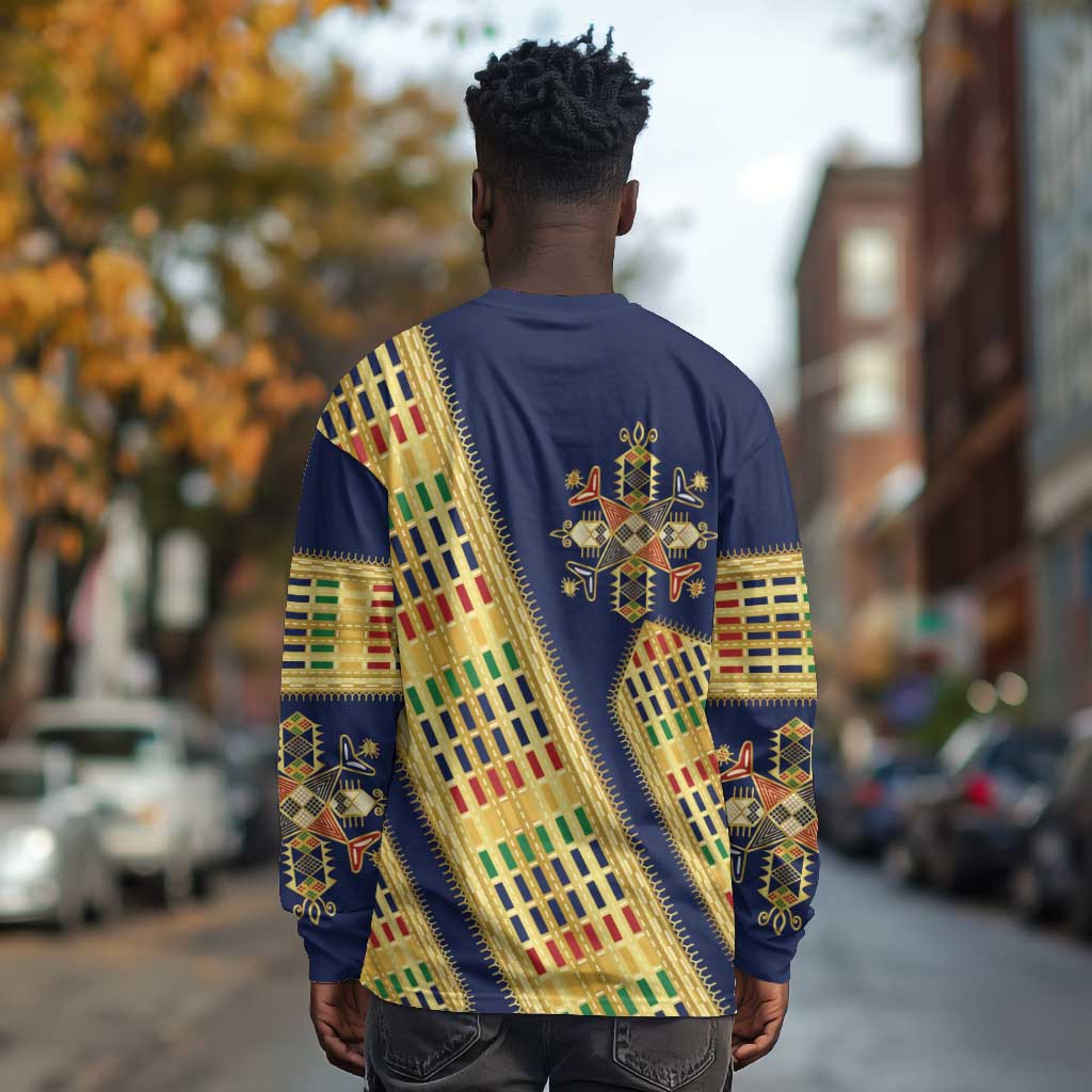 Habesha Kemis Inspired Tilet Pattern Long Sleeve Shirt Royal Blue - Gold