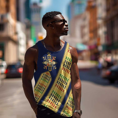 Habesha Kemis Inspired Tilet Pattern Men Tank Top Royal Blue - Gold