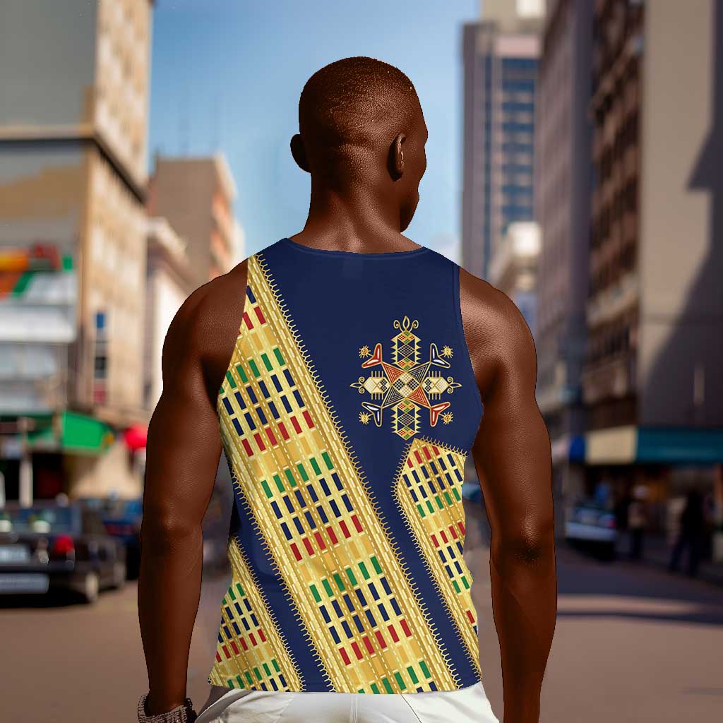 Habesha Kemis Inspired Tilet Pattern Men Tank Top Royal Blue - Gold