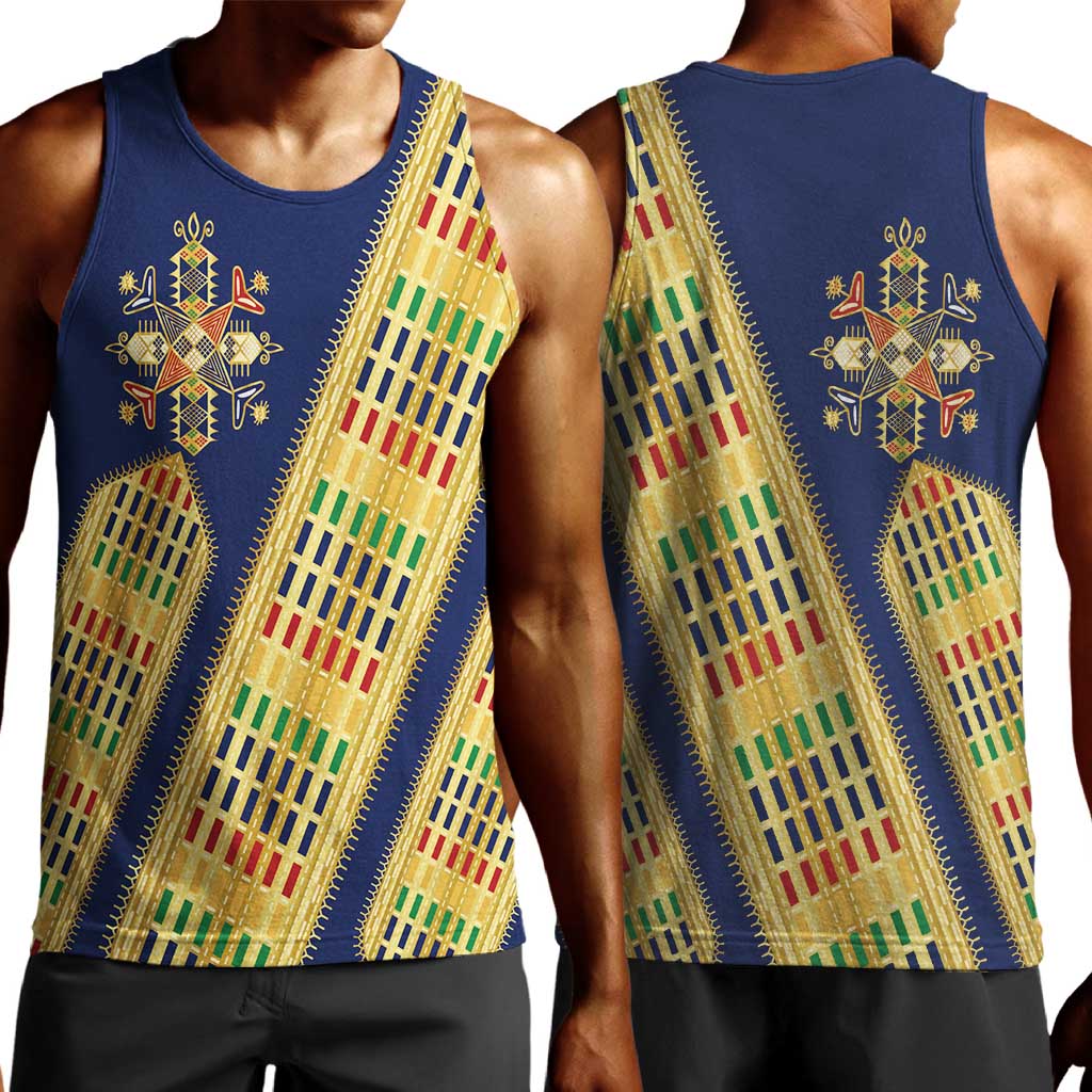Habesha Kemis Inspired Tilet Pattern Men Tank Top Royal Blue - Gold