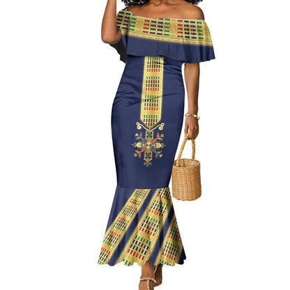 Habesha Kemis Inspired Tilet Pattern Mermaid Dress Royal Blue - Gold