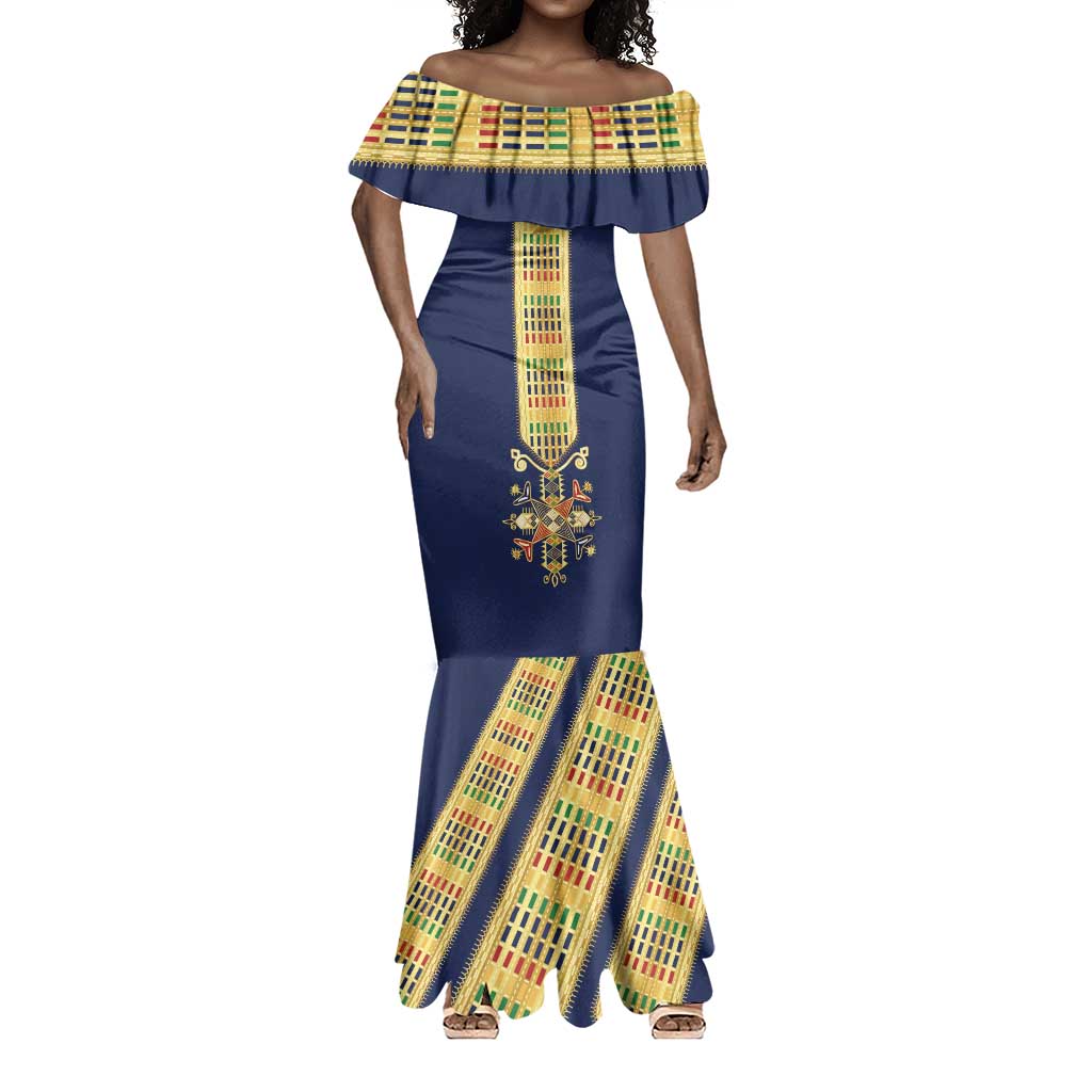 Habesha Kemis Inspired Tilet Pattern Mermaid Dress Royal Blue - Gold