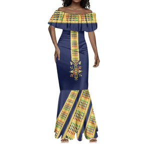 Habesha Kemis Inspired Tilet Pattern Mermaid Dress Royal Blue - Gold