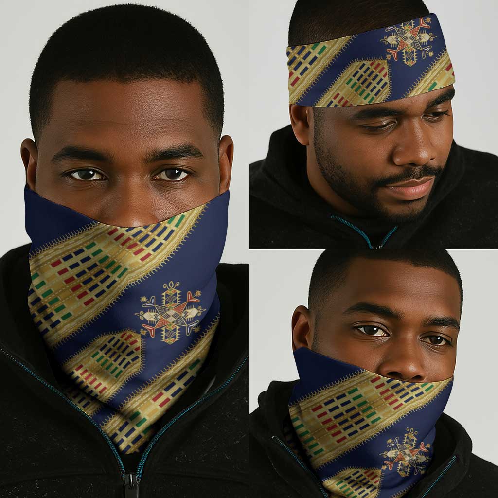 Habesha Kemis Inspired Tilet Pattern Neck Gaiter Royal Blue - Gold