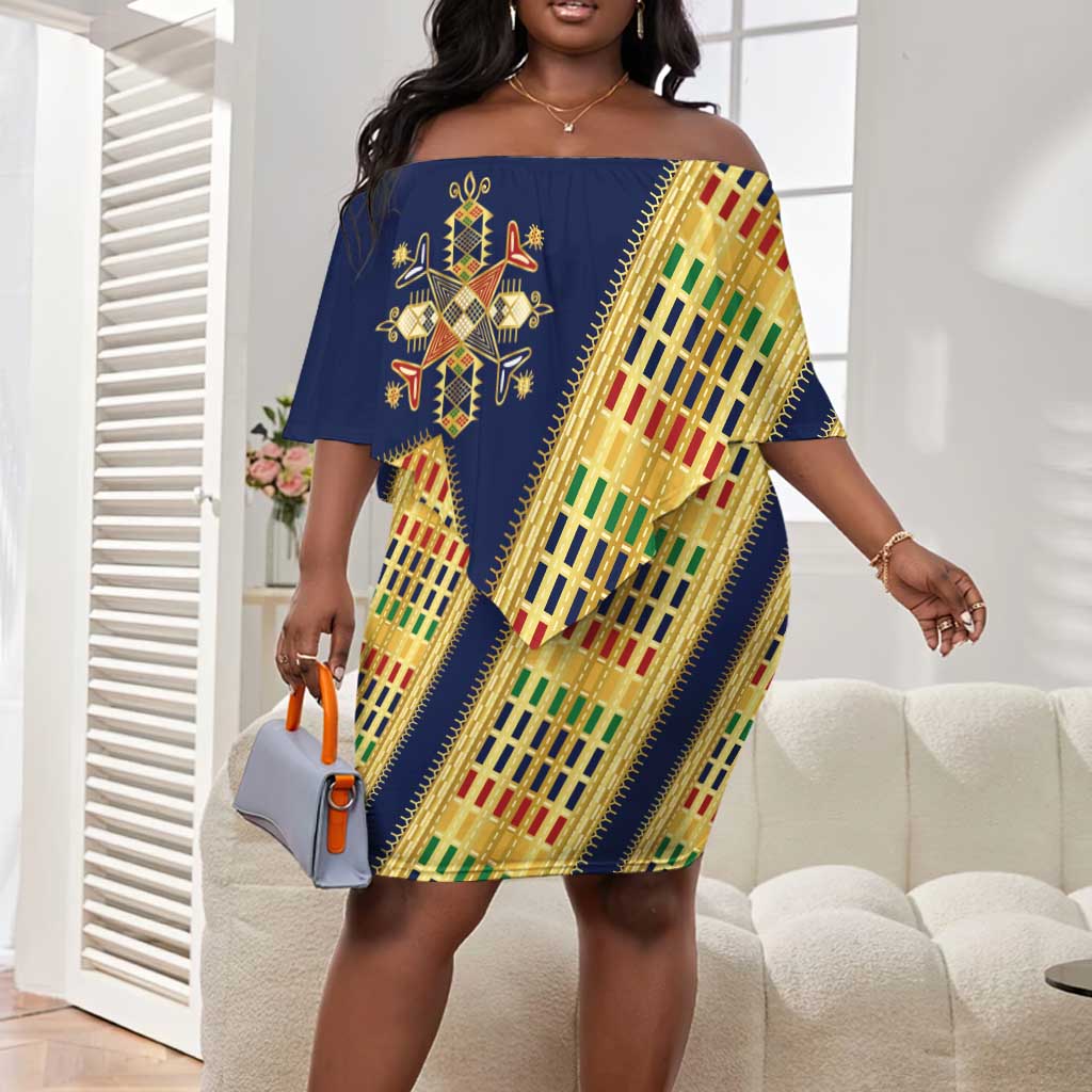 Habesha Kemis Inspired Tilet Pattern Off Shoulder Short Dress Royal Blue - Gold