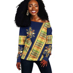 Habesha Kemis Inspired Tilet Pattern Off Shoulder Sweater Royal Blue - Gold