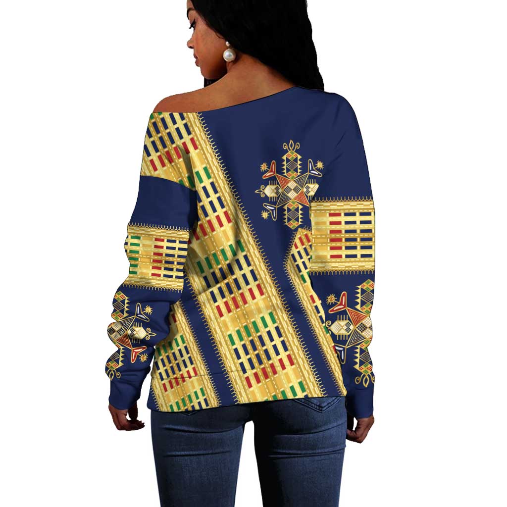 Habesha Kemis Inspired Tilet Pattern Off Shoulder Sweater Royal Blue - Gold