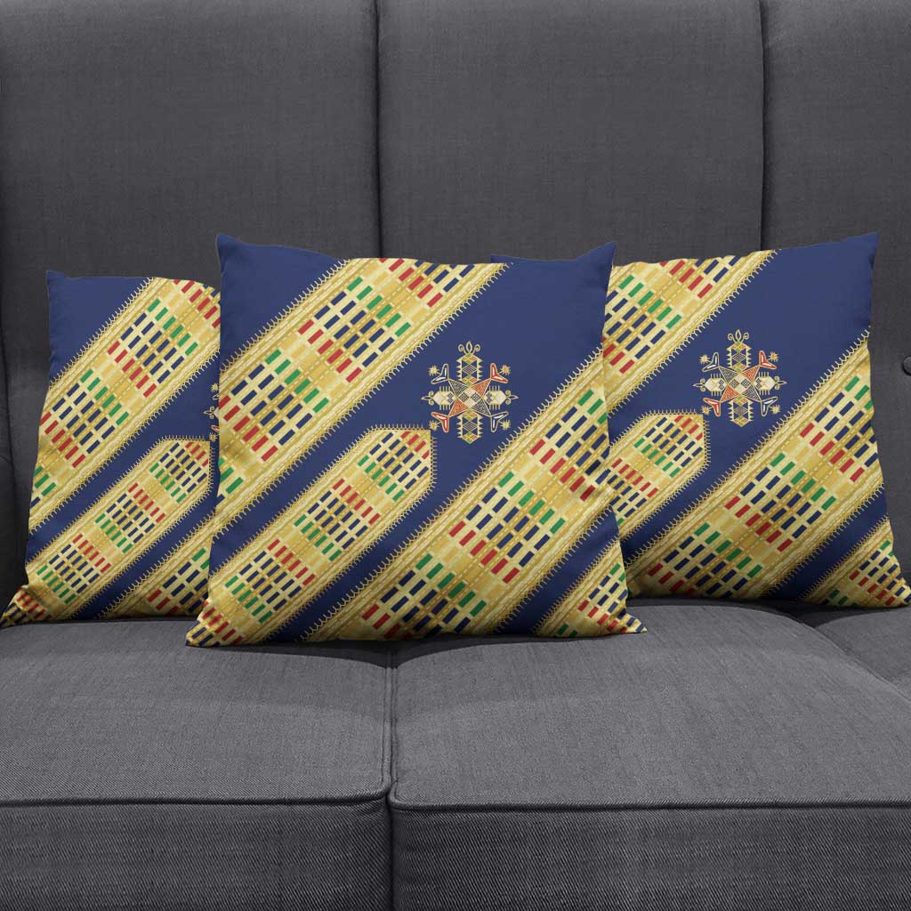 Habesha Kemis Inspired Tilet Pattern Pillow Cover Royal Blue - Gold