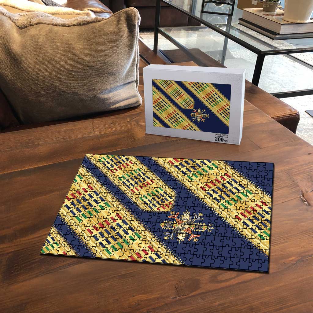 Habesha Kemis Inspired Tilet Pattern Puzzle Royal Blue - Gold