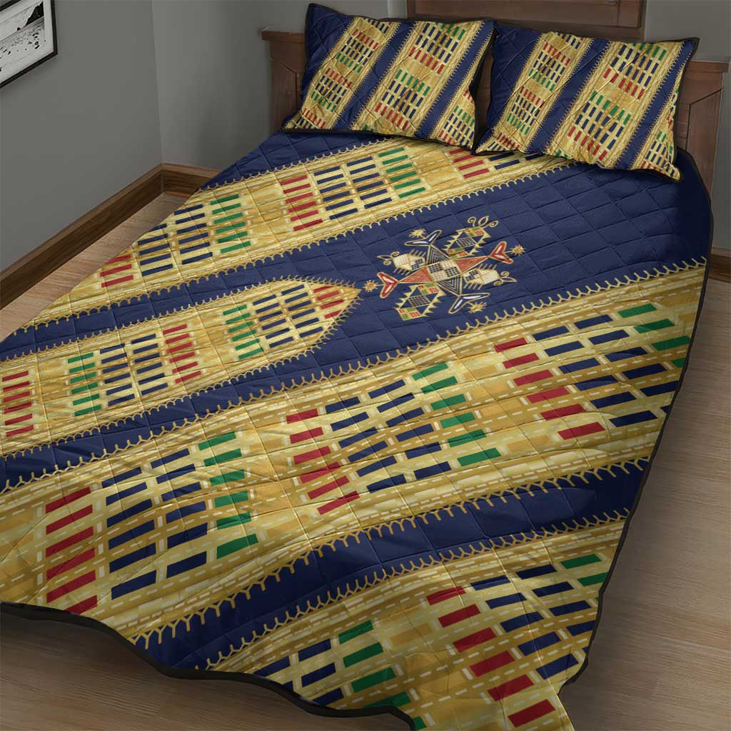 Habesha Kemis Inspired Tilet Pattern Quilt Bed Set Royal Blue - Gold