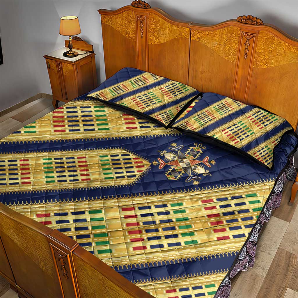 Habesha Kemis Inspired Tilet Pattern Quilt Bed Set Royal Blue - Gold