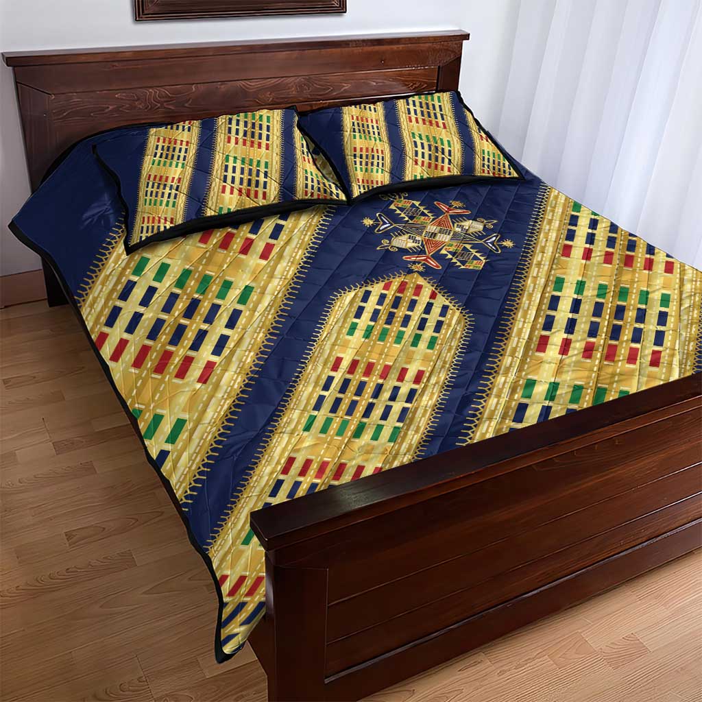 Habesha Kemis Inspired Tilet Pattern Quilt Bed Set Royal Blue - Gold