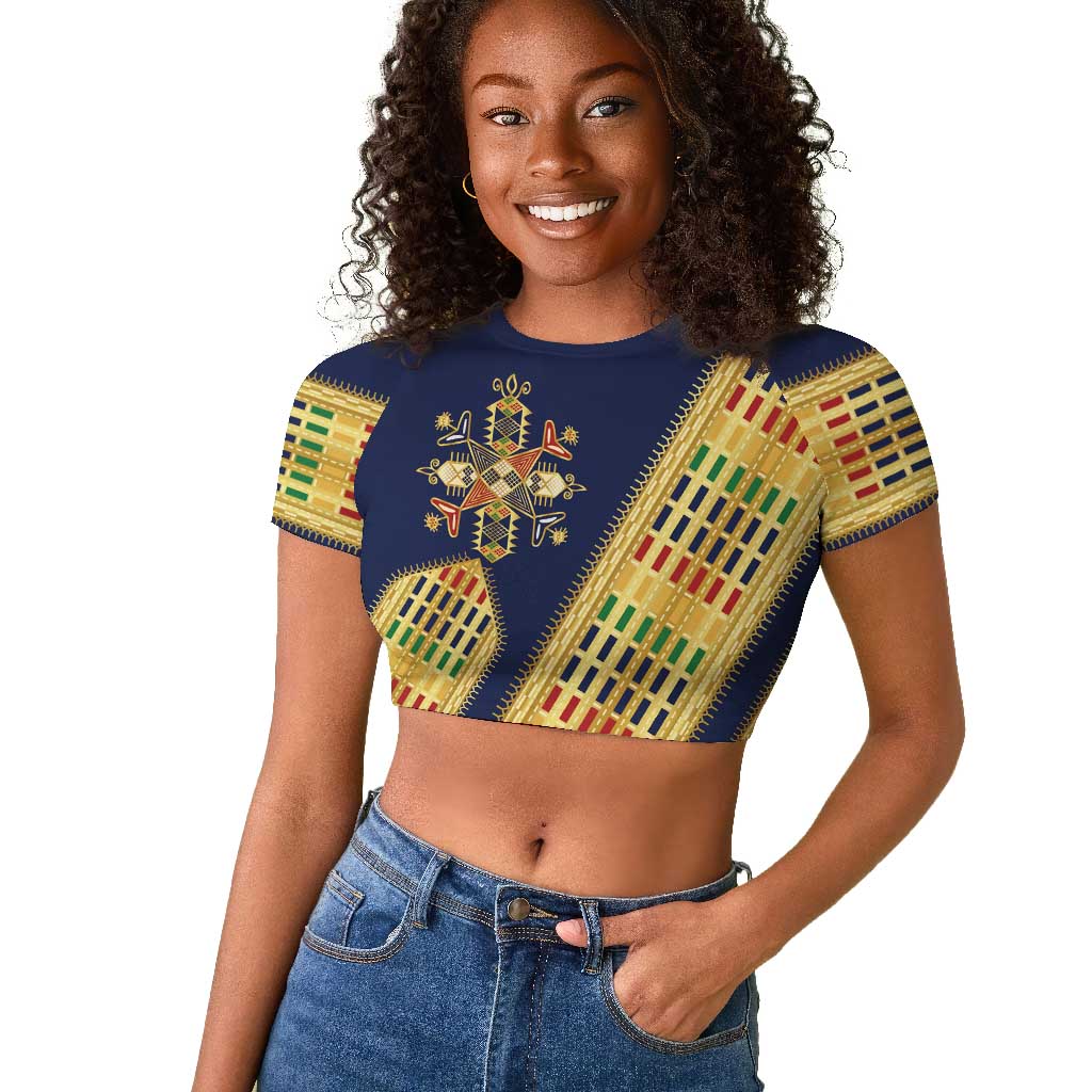 Habesha Kemis Inspired Tilet Pattern Raglan Cropped T shirt Royal Blue - Gold