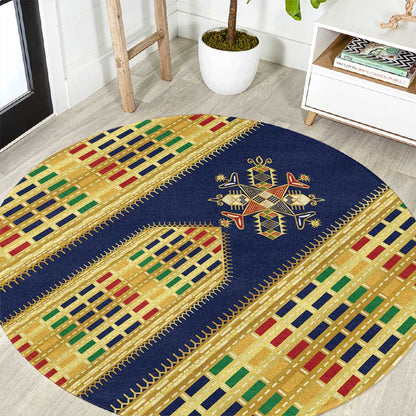 Habesha Kemis Inspired Tilet Pattern Round Carpet Royal Blue - Gold