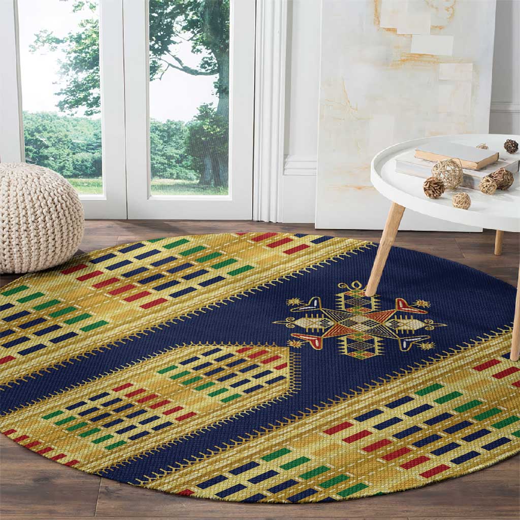 Habesha Kemis Inspired Tilet Pattern Round Carpet Royal Blue - Gold
