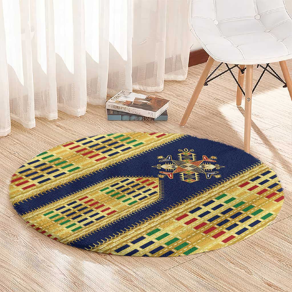 Habesha Kemis Inspired Tilet Pattern Round Carpet Royal Blue - Gold