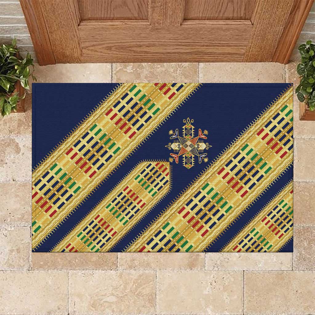 Habesha Kemis Inspired Tilet Pattern Rubber Doormat Royal Blue - Gold